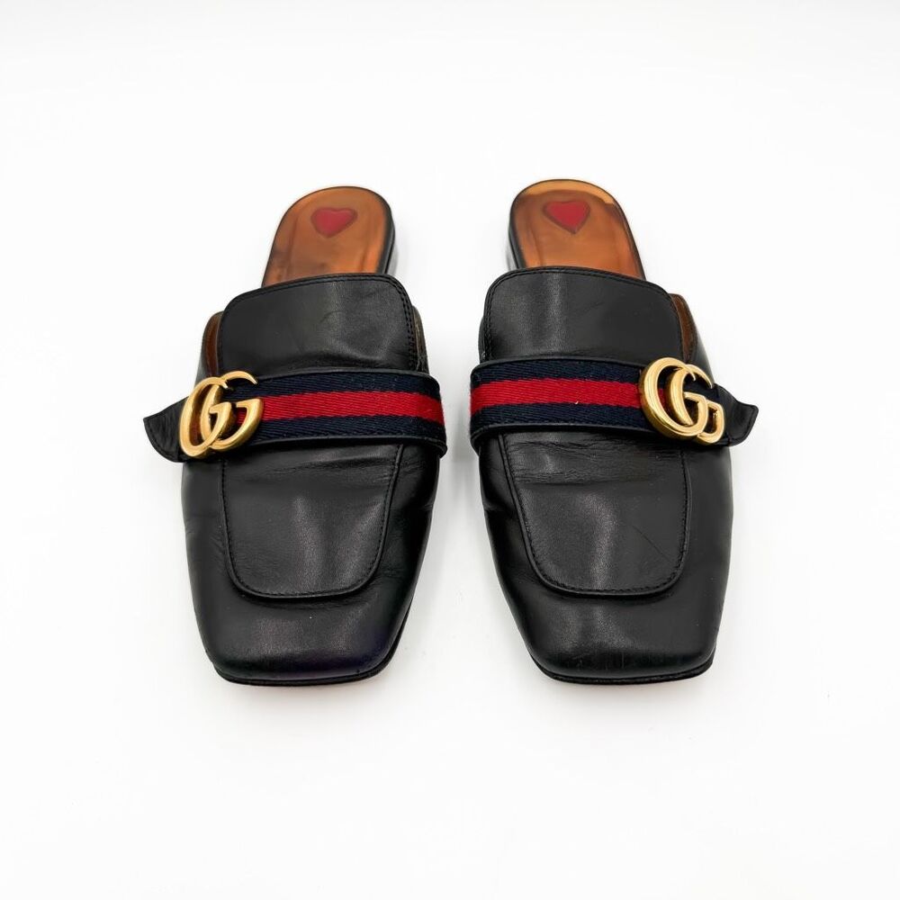 Gucci GG Web Stripe Peyton Mules Flat Slides Black Leather Loafers EU 39 US 9 - Picture 3 of 13